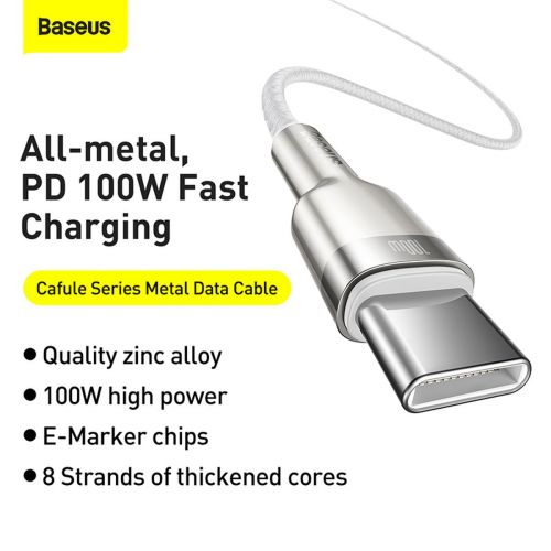Câble Baseus Type-C - Type-C Série Cafule Métal Charge rapide/données 100 W (20 V/5 A) 1 m Blanc (CATJK-C02)