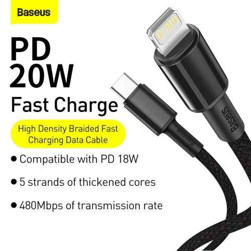 Câble de charge rapide tressé haute densité Baseus Type-C Lightning PD 20 W 1 m Noir (CATLGD-01)