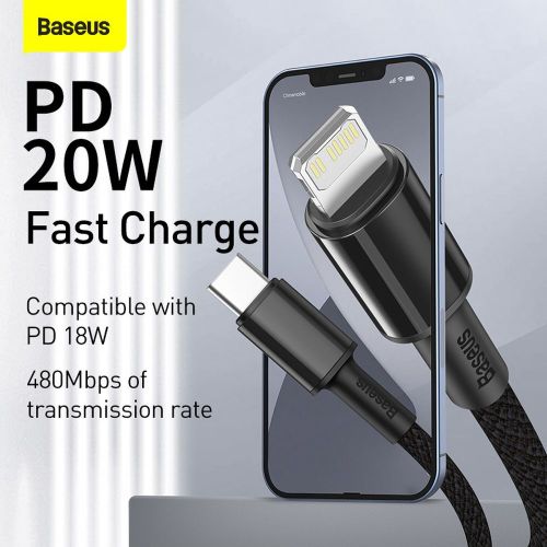 Câble de charge rapide tressé haute densité Baseus Type-C Lightning PD 20 W 1 m Noir (CATLGD-01)
