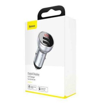 Chargeur de voiture Baseus avec écran, 2x USB, 4,8 A, 24 W (argent)