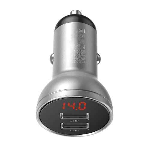 Chargeur de voiture Baseus avec écran, 2x USB, 4,8 A, 24 W (argent)