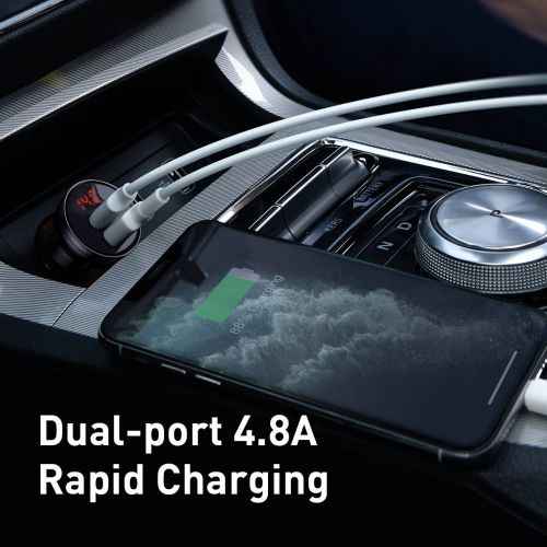 Chargeur de voiture Baseus avec écran, 2x USB, 4,8 A, 24 W (argent)