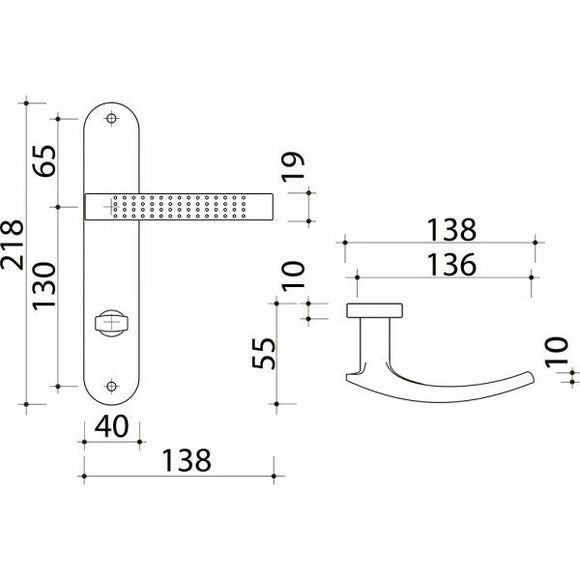 2 poignées de porte sur plaque AUDACE, Verrou condamnation pour salle de bain/WC, Finition aluminium nickel mat, Entraxe standard 195 mm