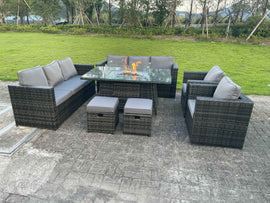 Fimous Mobilier De Jardin En Rotin Extérieur Foyer Au Gaz Table À Manger Set Chauffage Au Gaz Chaise Longue Petit Tabouret Gris Mixte Foncé 10 Places