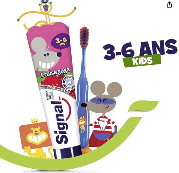 Tube de dentifrice Signal pour enfants, goût fraise, spécial dents de lait, 3-6 ans, protection contre les caries.