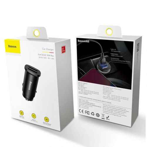Baseus Square Car Charger / 2xUSB / QC3.0 / 5A / 30W