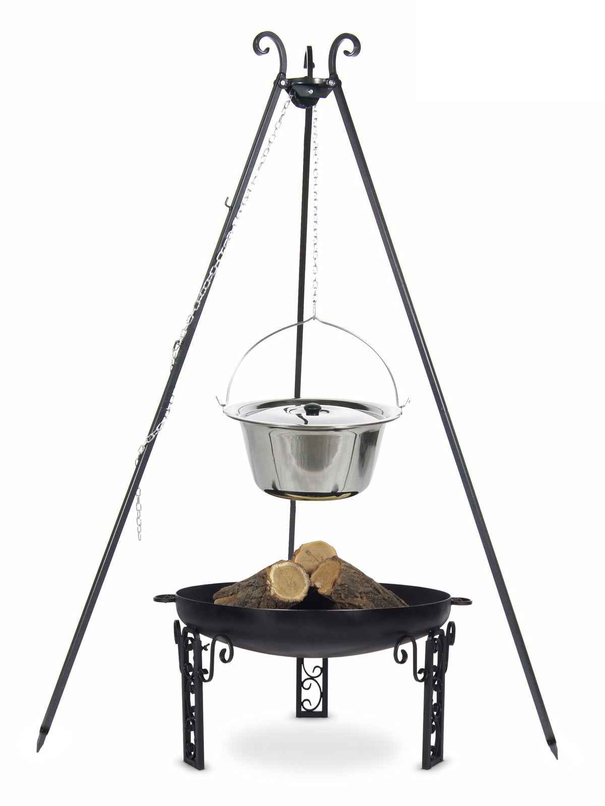 Chaudron en acier inoxydable 14 l avec couvercle sur trépied + brasero fatana 70 cm - Clicktofournisseur.com