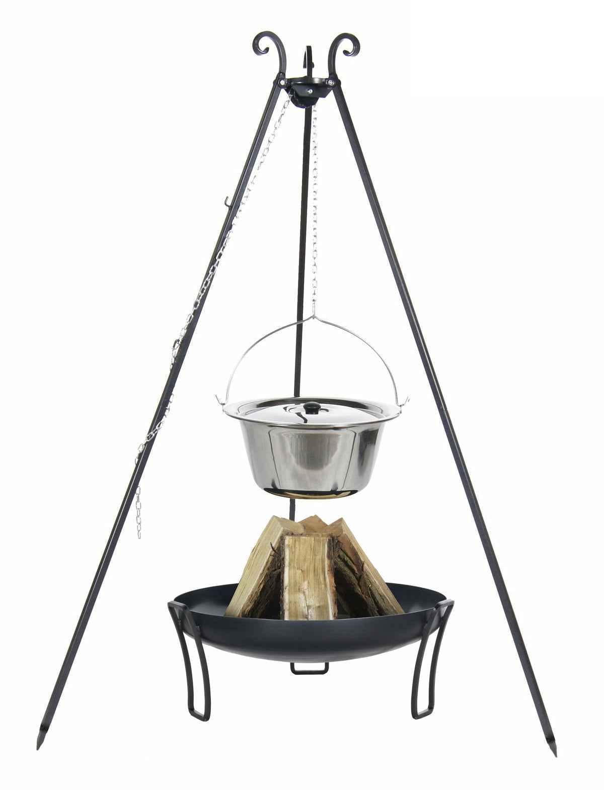 Chaudron en acier inoxydable 14 l avec couvercle sur trépied + brasero pan 80 cm - Clicktofournisseur.com