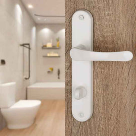 2 poignées de porte sur plaque CHAMROUSSE, Verrou de condamnation pour salle de bain/WC, Finition aluminium blanc, Entraxe standard 165 mm