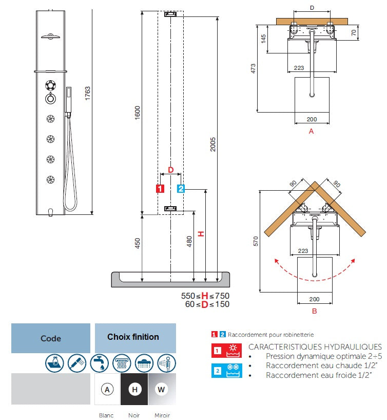 Colonne de douche hydromassante thermostatique NOVELLINI CASCATA2 176 cm clicktofournisseur.com