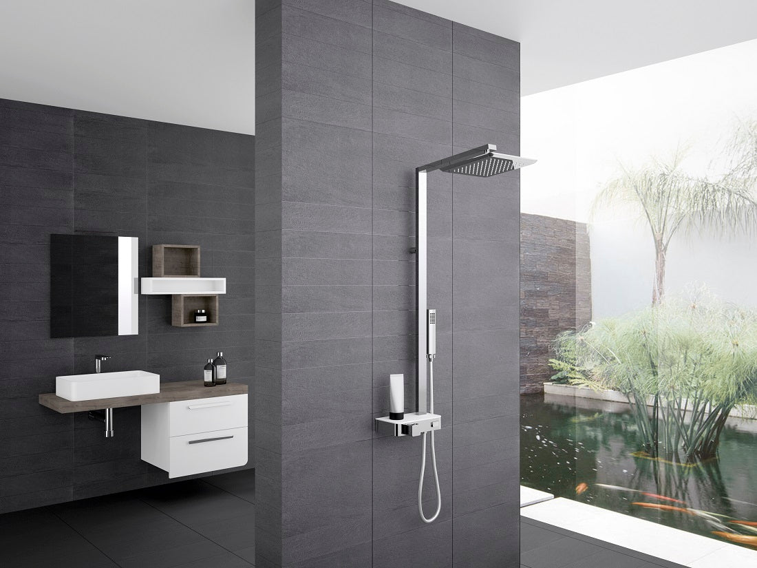 Colonne de douche thermostatique novellini flow 116 cm en chrome - tablette miroir - Clicktofournisseur.com