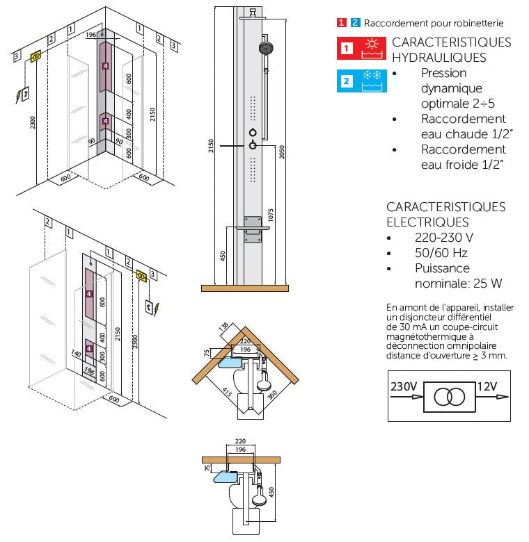 Colonne de douche thermostatique avec éclairage led novellini line 1 215 cm - Clicktofournisseur.com