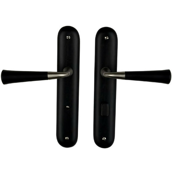 2 poignées de porte sur plaque CLEO, Verrou de condamnation pour salle de bain/WC, Finition bois noir, Entraxe standard 195 mm