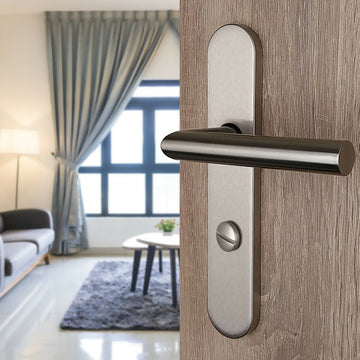 2 poignées de porte universelles Dualfit sur plaque ronde BRUNELLA, Verrou condamnation pour salle de bain/WC, Finition Acier nickel mat bi-entraxe 165-195