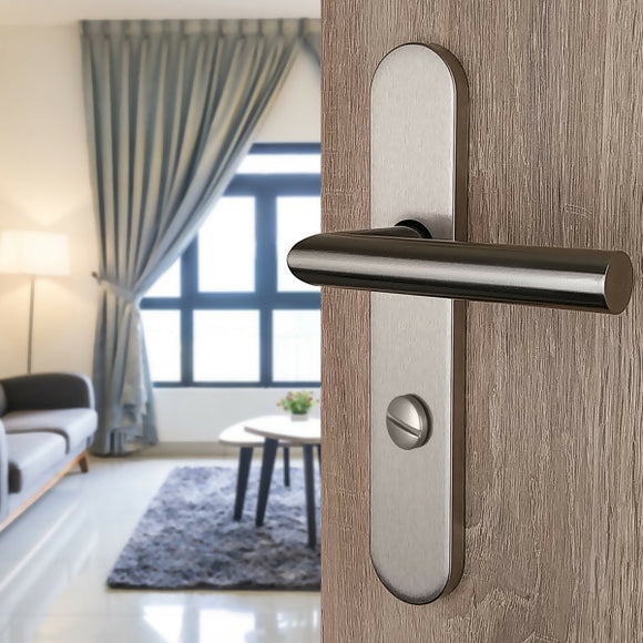 2 poignées de porte universelles Dualfit sur plaque ronde BRUNELLA, Verrou condamnation pour salle de bain/WC, Finition Acier nickel mat bi-entraxe 165-195