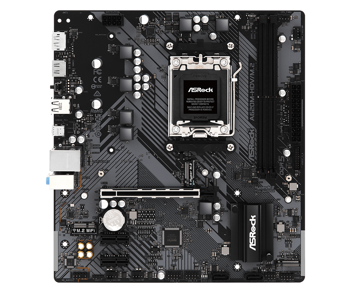 Carte mère ASROCK MB Desktop A620M-HDV/M2, AM5, 2x DDR5, 1x PCIe 4.0 x16, 2x PCIe 3.0 x1, 1x Hyper M.2 (PCIe Gen4x4), 2x SATA3 6.0 Gb/s, 1x HDMI, 1x DisplayPort, 1x Gigabit LAN, 5x USB 3.2, 6x USB 2.0, 1x USB-C, Micro ATX