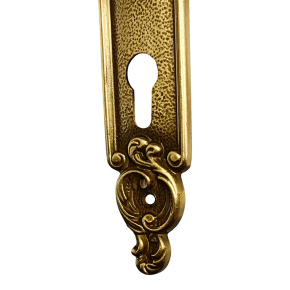 2 poignées de porte sur plaque SULLY, Trou de cylindre - entrée - bureau - service, Finition laiton patiné aspect vieilli, Entraxe standard 195 mm