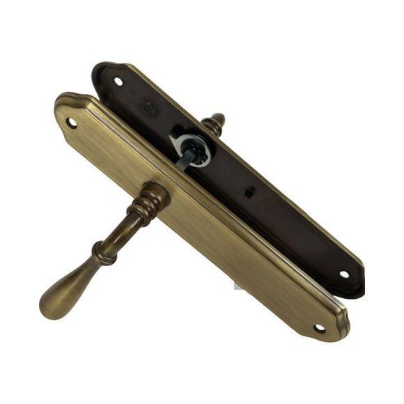 2 poignées de porte sur plaque CARINA, Sans trou pour pièce à vivre, Finition laiton patiné, Entraxe stand 195 mm
