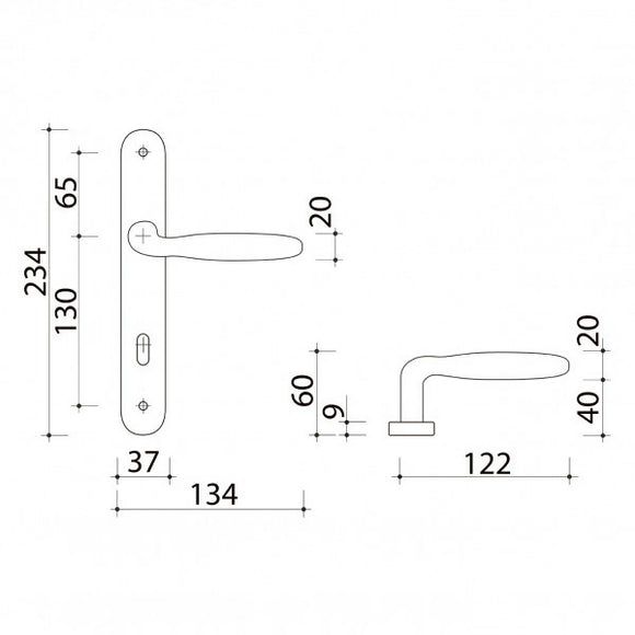 2 poignées de porte sur plaque BRISTOL, Entrée de clé pour chambre, Finition aluminium nickel mat, Entraxe standard 195 mm