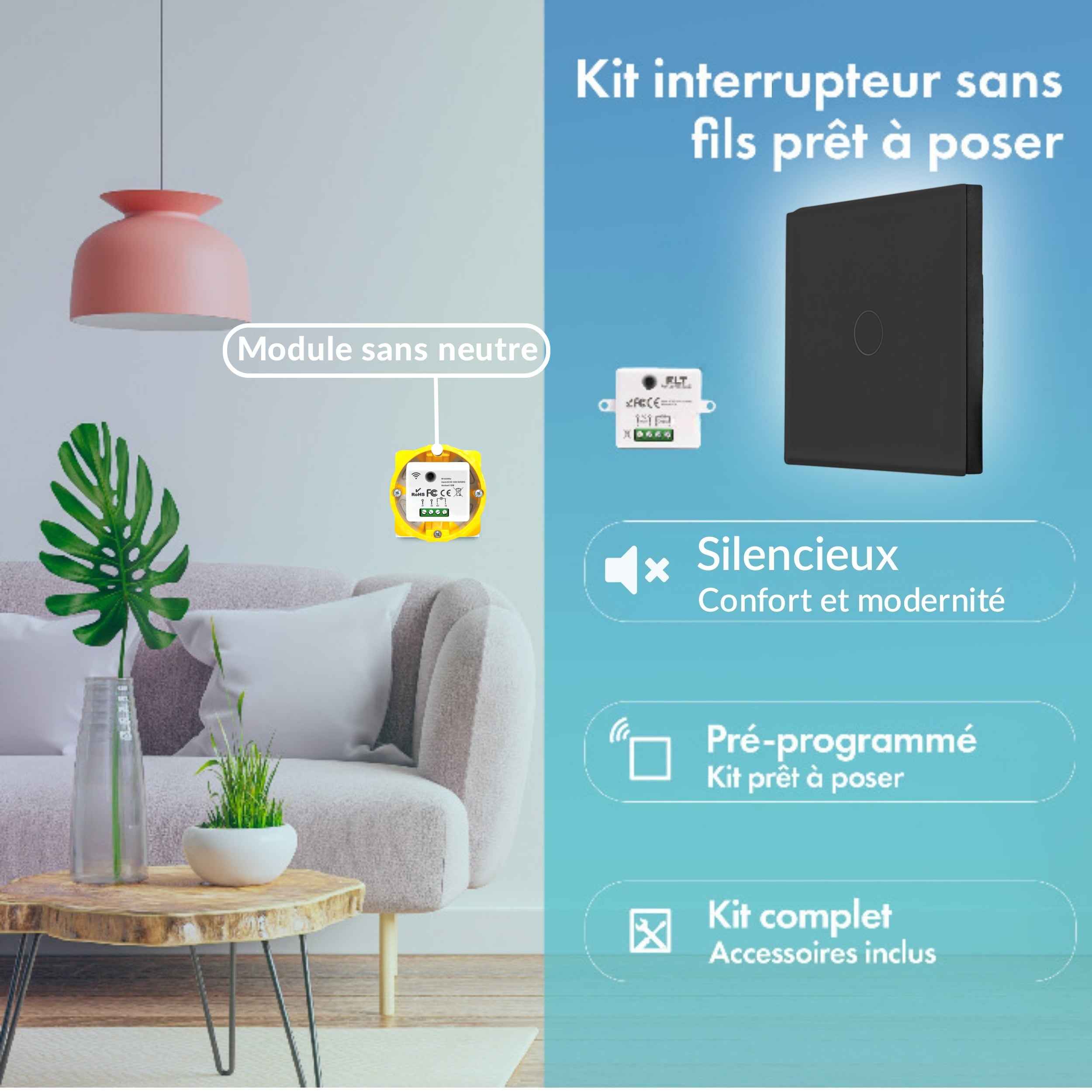 Kit interrupteur sans fil tactile sans neutre requis – ELEGANCE61-BLACK