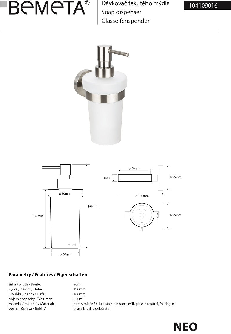 Distributeur de savon liquide NEO en acier inoxydable, en verre 250ml / 19x10x7,5cm clicktofournisseur.com