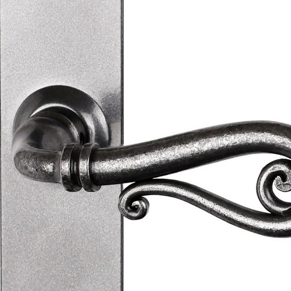 2 poignées de porte sur plaque fine NOBLE, Trou de cylindre - entrée - bureau - service, Finition fer patiné gris, Entraxe 195 mm