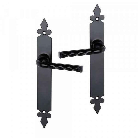 2 poignées de porte sur plaque NANTUA, Sans trou pour pièce à vivre, Finition aluminium noir, Entraxe standard 195 mm