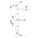 Schéma technique de 2 poignées de porte sur plaque fine NOBLE, Verrou condamnation pour salle de bain/WC, Finition fer patiné gris, Entraxe 195 mm