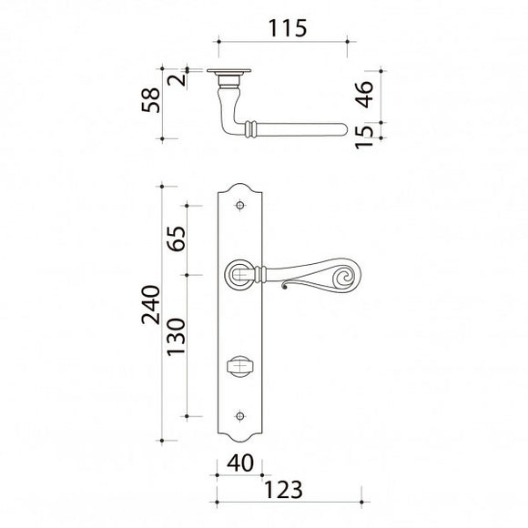 Schéma technique de 2 poignées de porte sur plaque fine NOBLE, Verrou condamnation pour salle de bain/WC, Finition fer patiné gris, Entraxe 195 mm