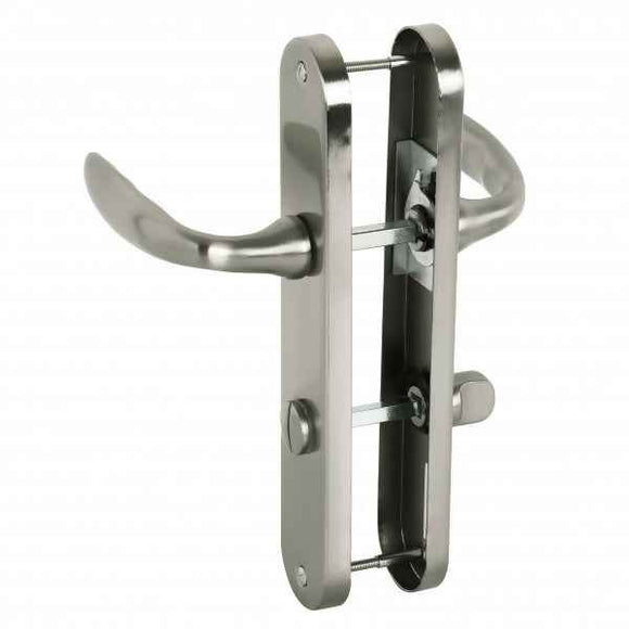 2 poignées de porte sur plaque CHAMBON, Verrou de condamnation pour salle de bain/WC, Finition aluminium nickel mat, Entraxe standard 195 mm