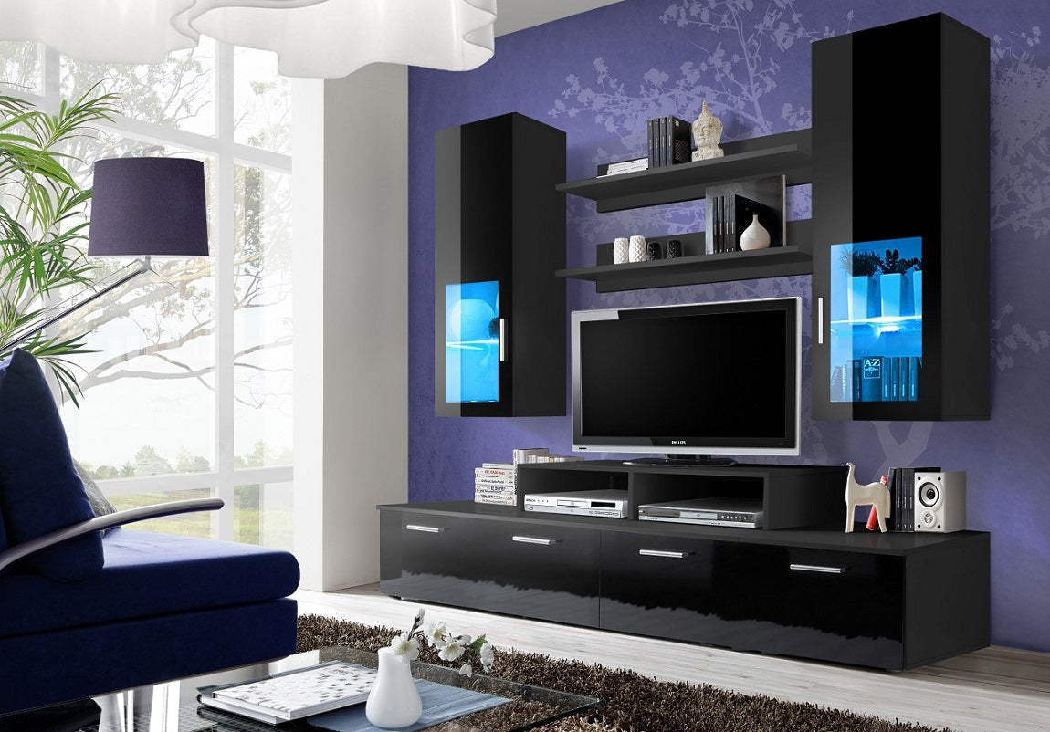 Ensemble meuble TV CRYSTAL noir de haute brillance clicktofournisseur.com