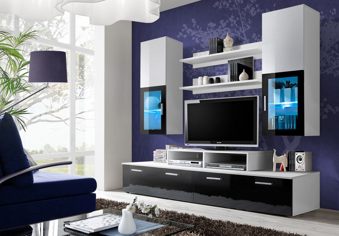 Ensemble meuble TV CRYSTAL noir et blanc de haute brillance clicktofournisseur.com