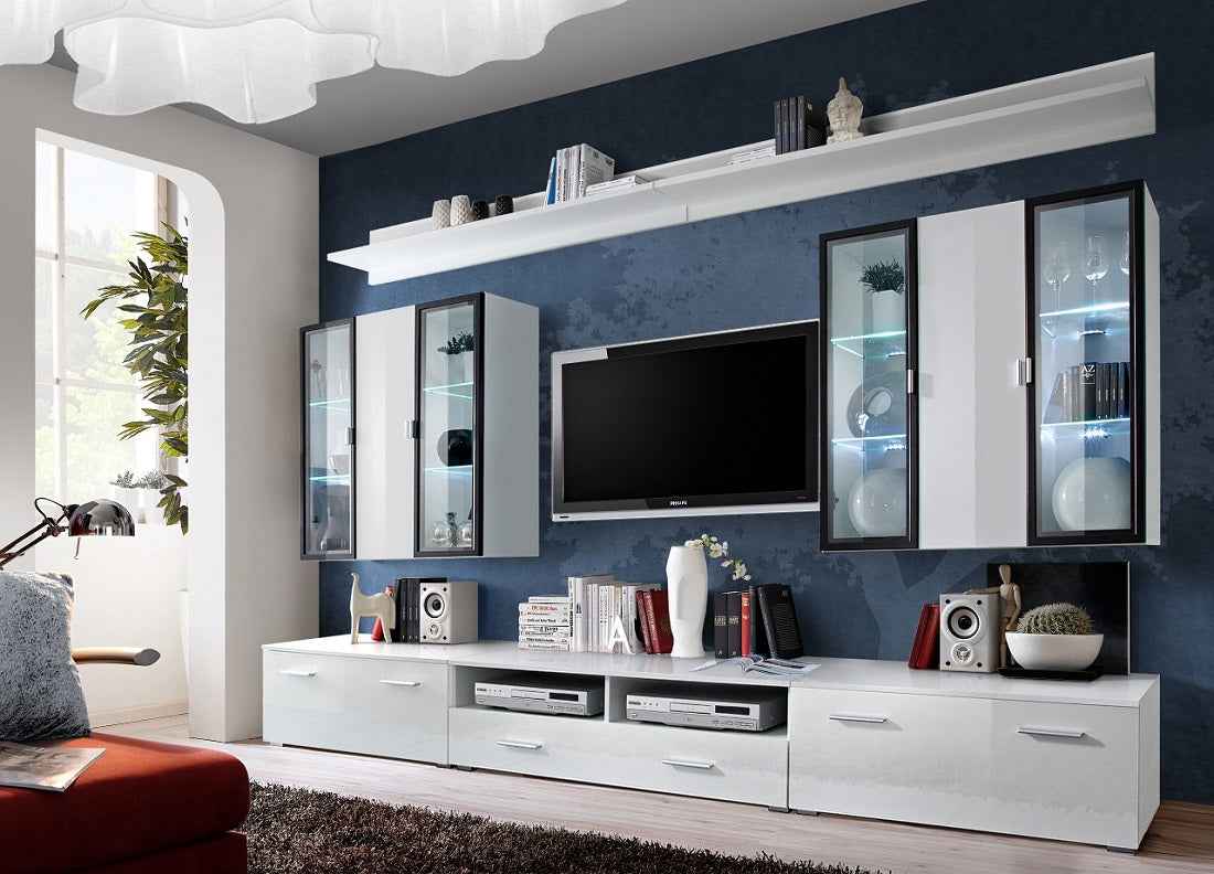 Ensemble meuble tv dorade en noir et blanc de haute brillance avec led - Clicktofournisseur.com