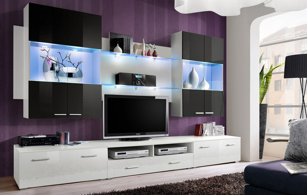 Ensemble meuble TV DORADE en prunier et blanc de haute brillance avec LED clicktofournisseur.com