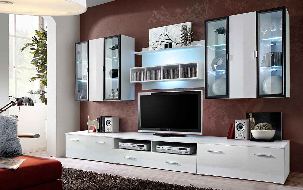 Ensemble meuble TV DORADE en prunier et noir de haute brillance avec LED clicktofournisseur.com