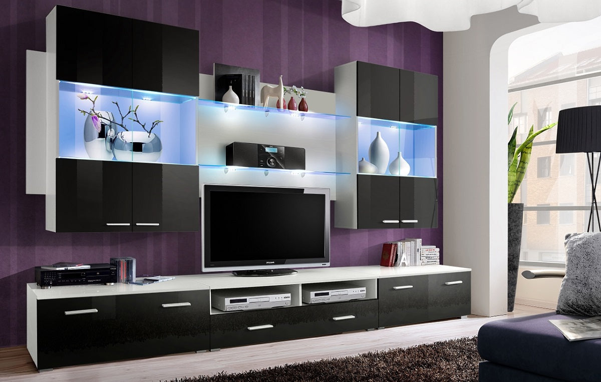 Ensemble meuble TV DORADE en wengé et blanc de haute brillance avec LED clicktofournisseur.com