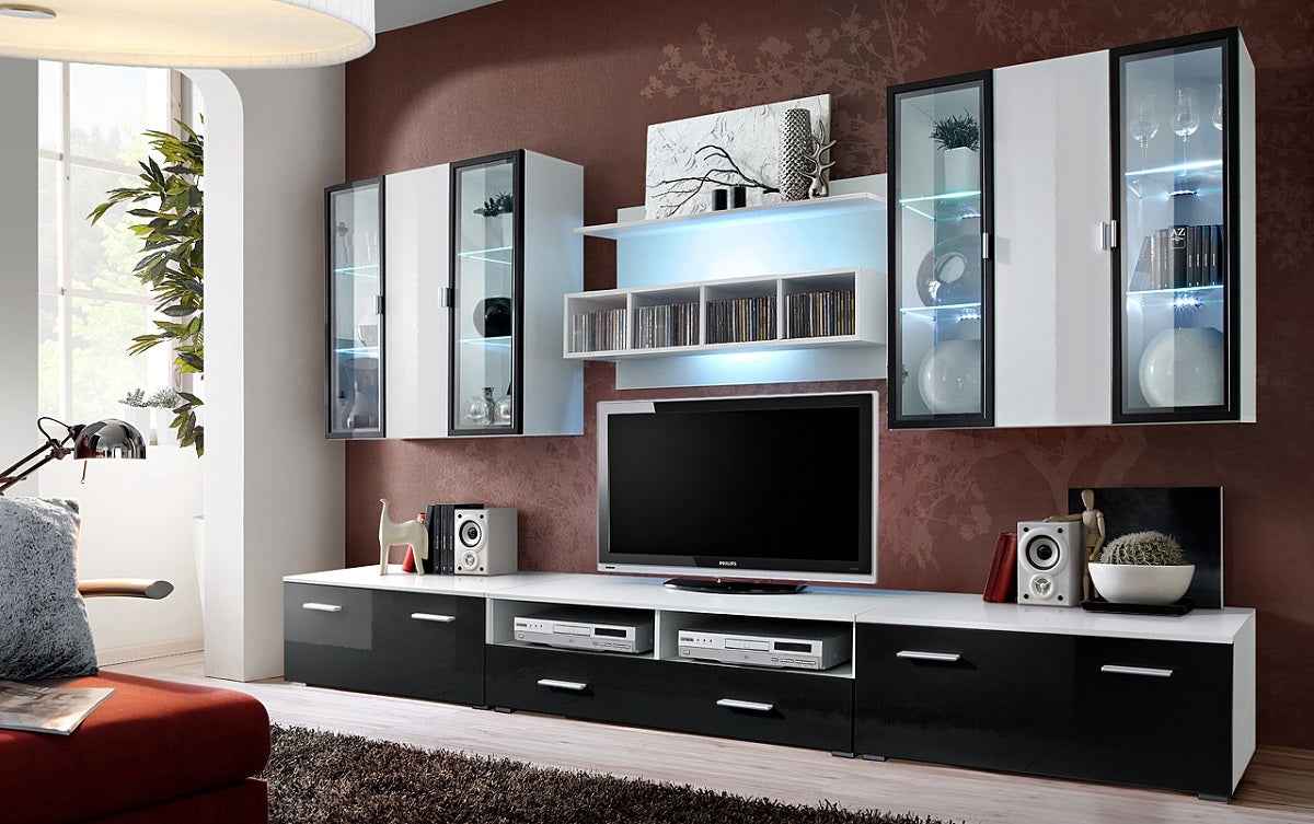 Ensemble meuble TV DORADE en wengé et blanc de haute brillance avec LED clicktofournisseur.com