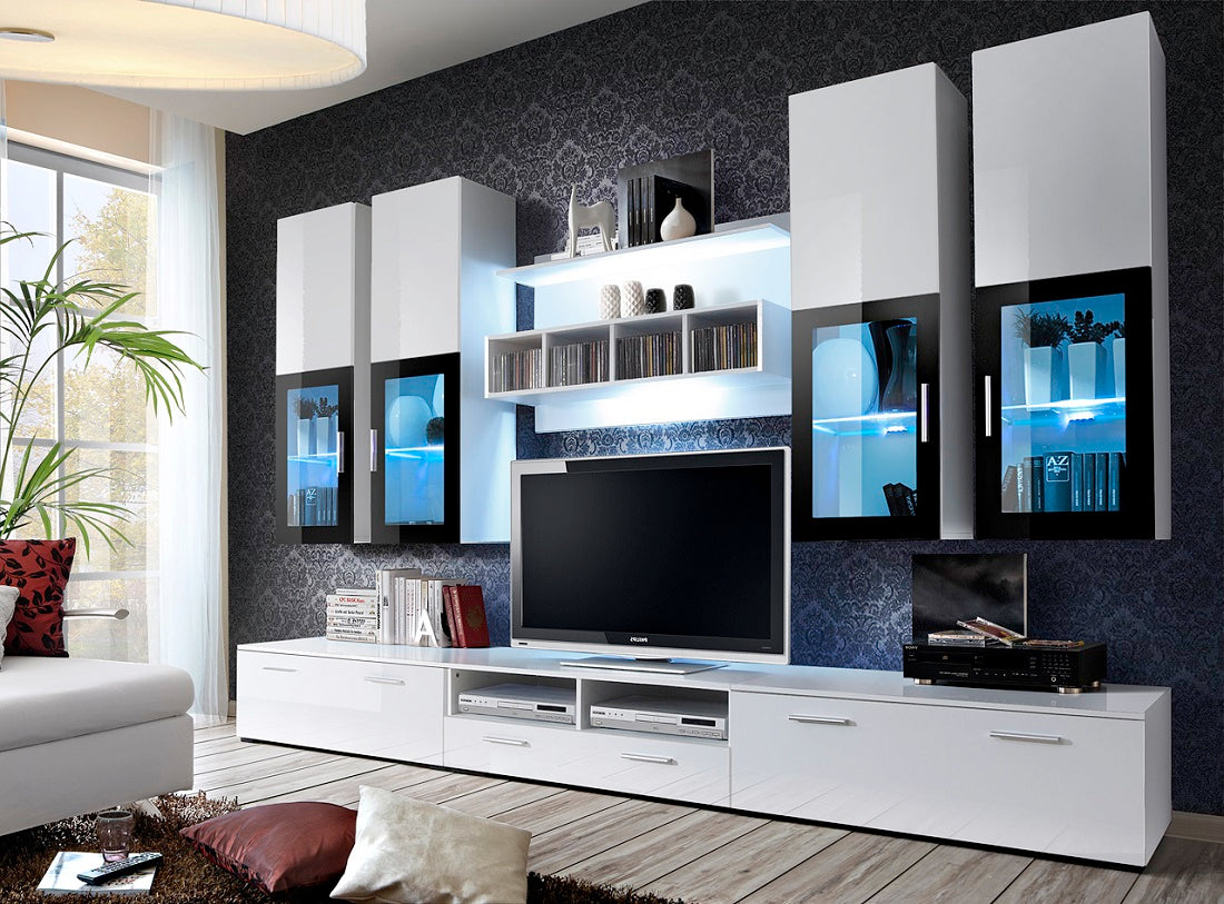 Ensemble meuble TV KRONE II noir et blanc de haute brillance avec LED clicktofournisseur.com