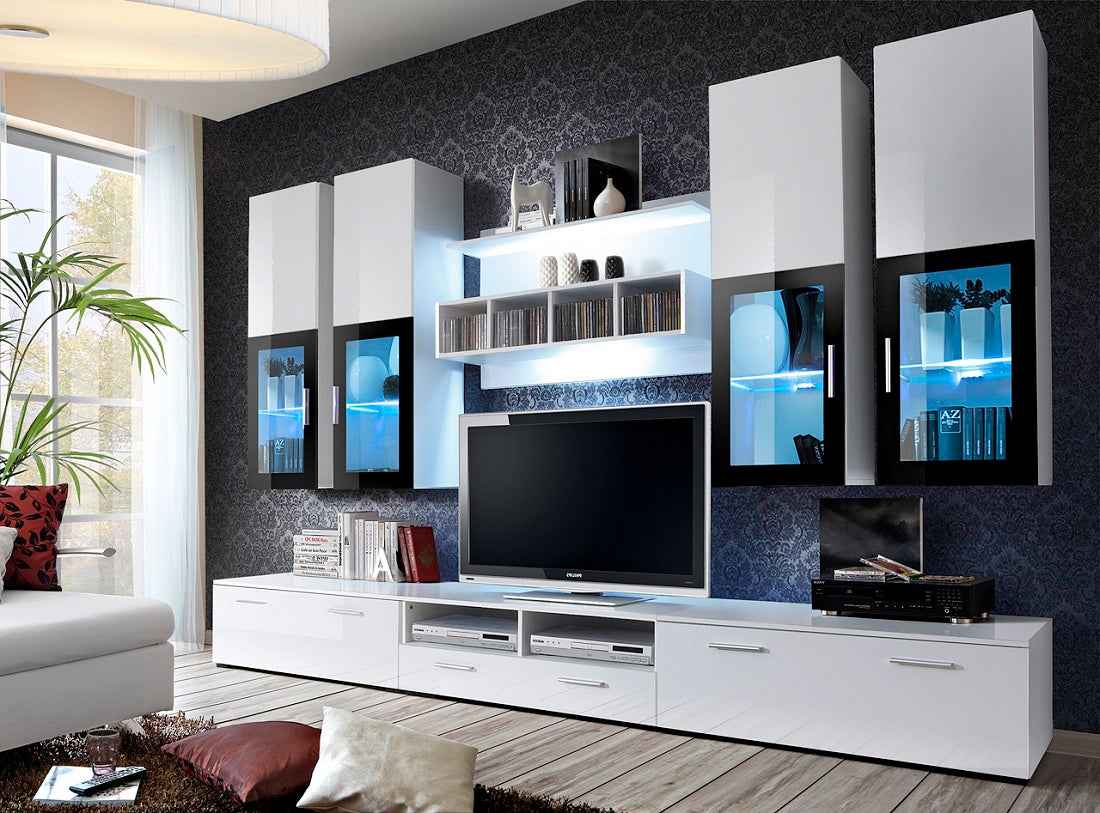 Ensemble meuble tv krone ii noir et blanc de haute brillance avec led - Clicktofournisseur.com