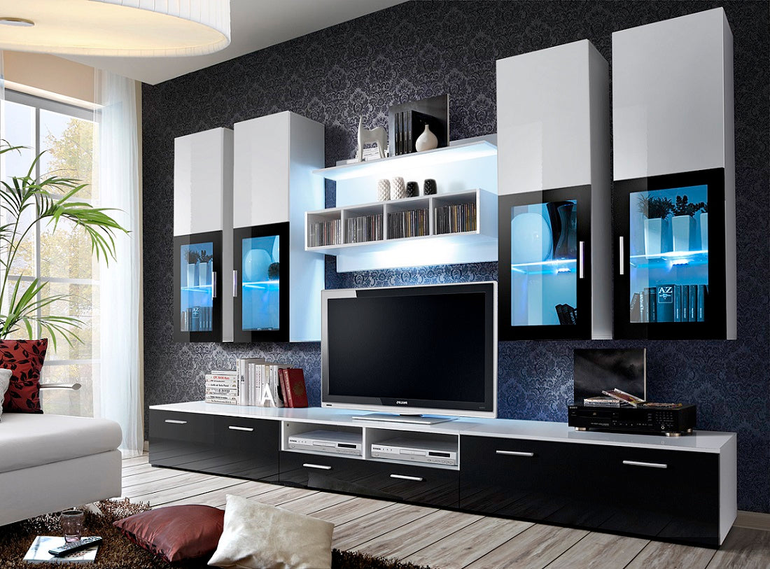 Ensemble meuble TV KRONE IV noir et blanc de haute brillance avec LED clicktofournisseur.com