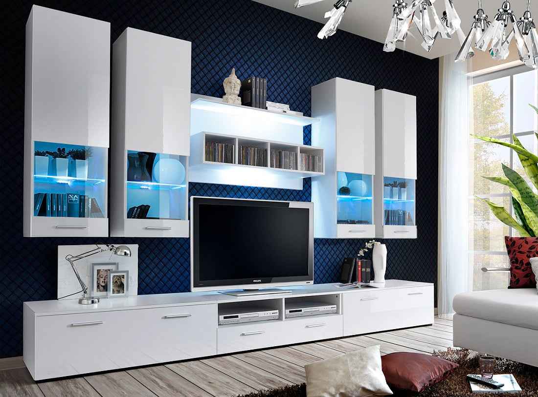 Ensemble meuble tv loga noir et blanc de haute brillance avec led - Clicktofournisseur.com
