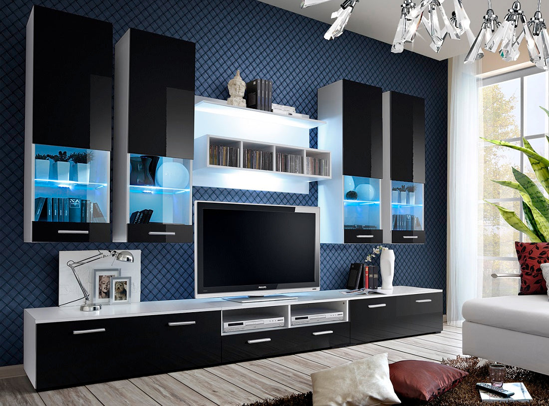 Ensemble meuble TV LOGA noir et blanc de haute brillance avec LED clicktofournisseur.com
