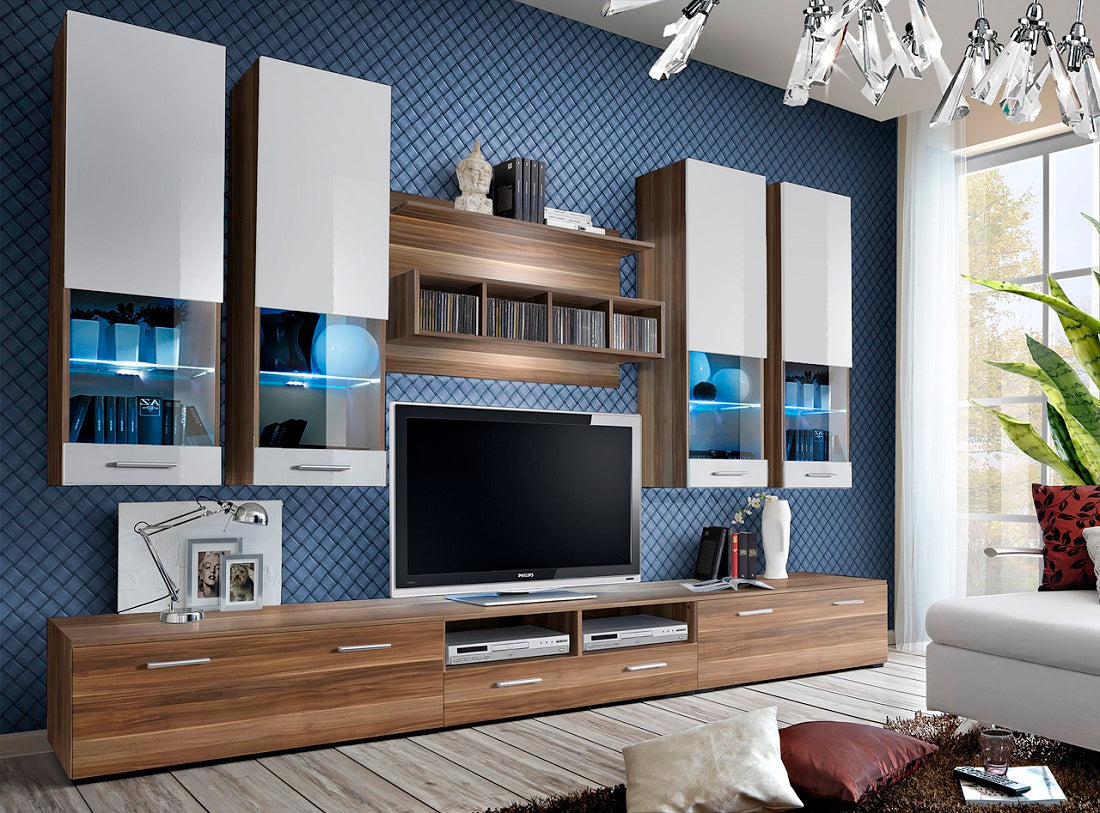 Ensemble meuble TV LYRA blanc de haute brillance avec LED clicktofournisseur.com