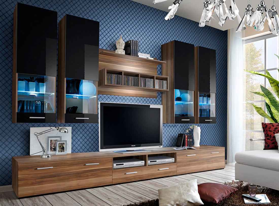 Ensemble meuble tv lyra blanc et noir de haute brillance avec led - Clicktofournisseur.com