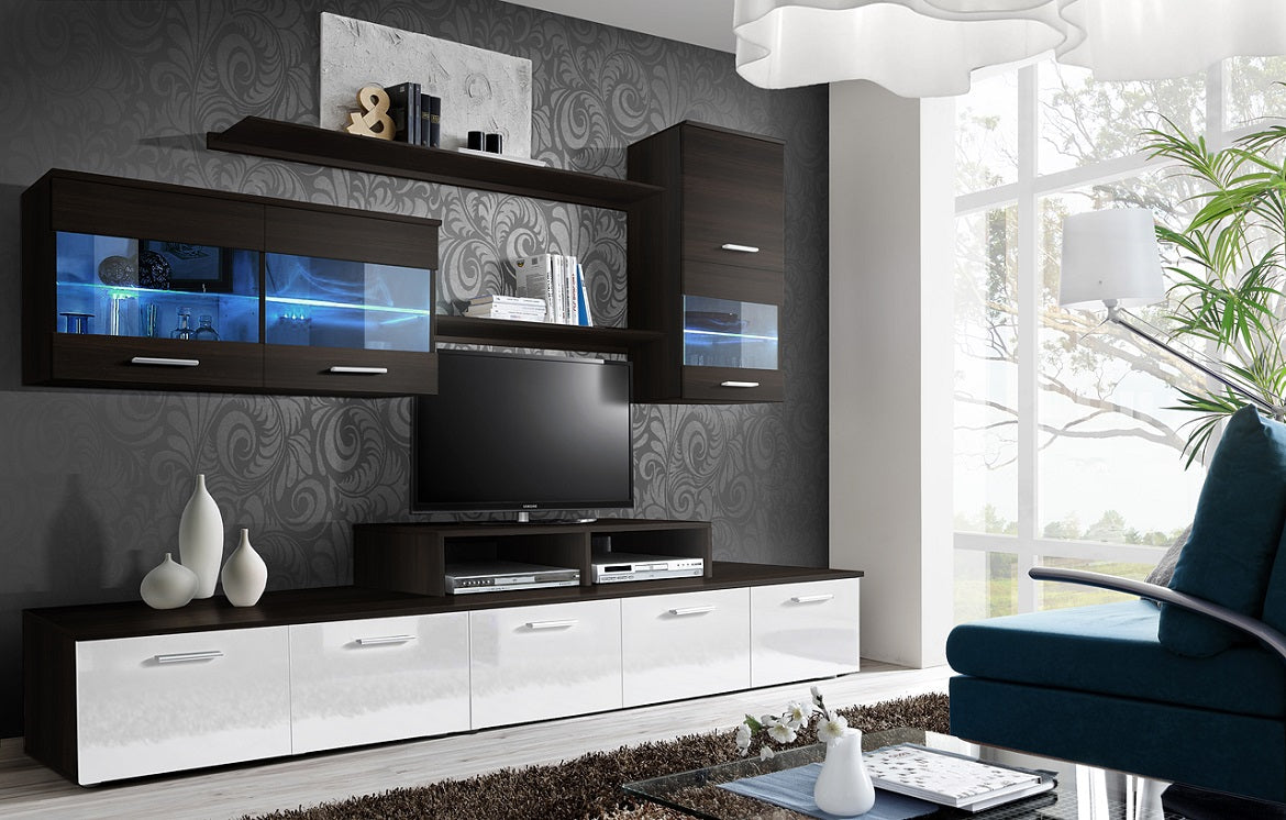 Ensemble meuble TV LYRA noir et en chêne sonoma de haute brillance avec LED clicktofournisseur.com