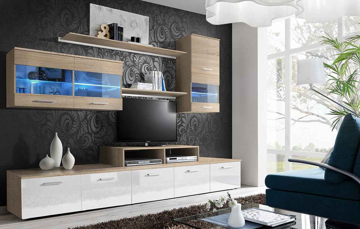 Ensemble meuble tv lyra noir et noyer baltimore de haute brillance avec led - Clicktofournisseur.com