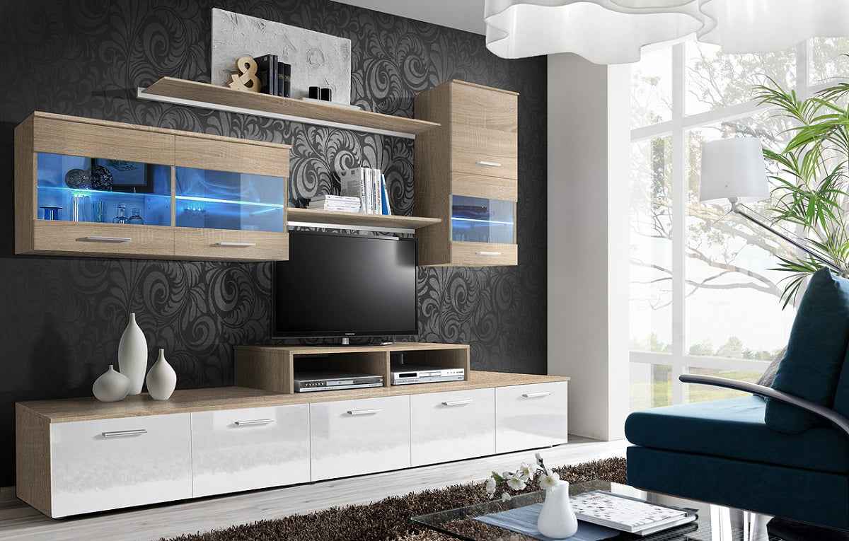 Ensemble meuble TV LYRA noir et noyer baltimore de haute brillance avec LED clicktofournisseur.com