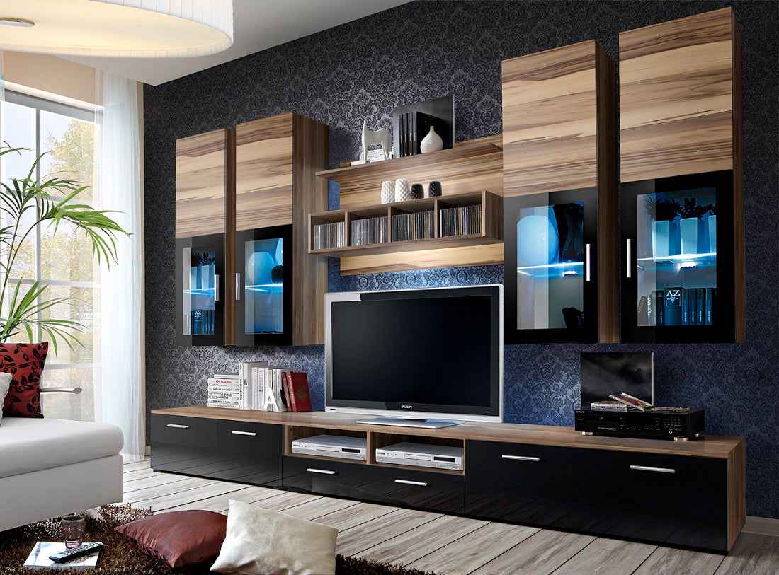 Ensemble meuble tv tower ii noir et blanc de haute brillance avec led - Clicktofournisseur.com