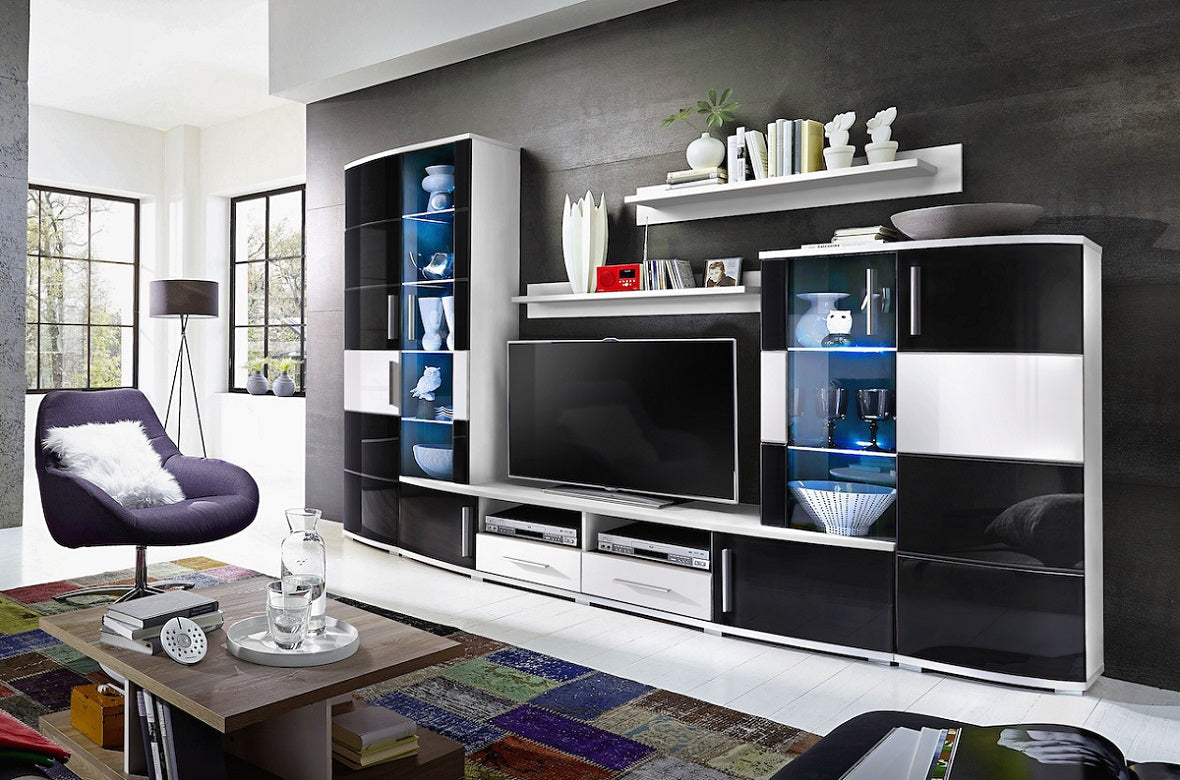 Ensemble meuble TV TOWER noir et blanc de haute brillance avec LED clicktofournisseur.com