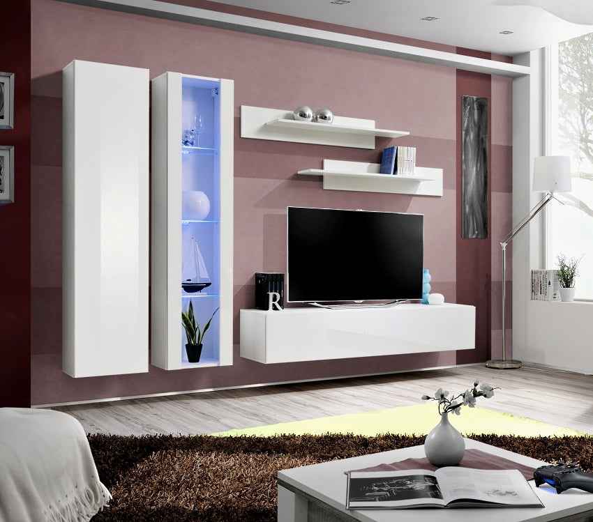 Ensemble meuble tv mural fly-a blanc avec led - Clicktofournisseur.com